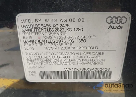 2009 Audi Q5 3.2 Premium из США, поврежденный, VIN WA1KK78RX9A052428